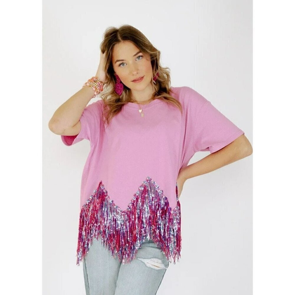 Here for the Fringe Chevron Sequin Top in Lavender - Picture 9 of 10
